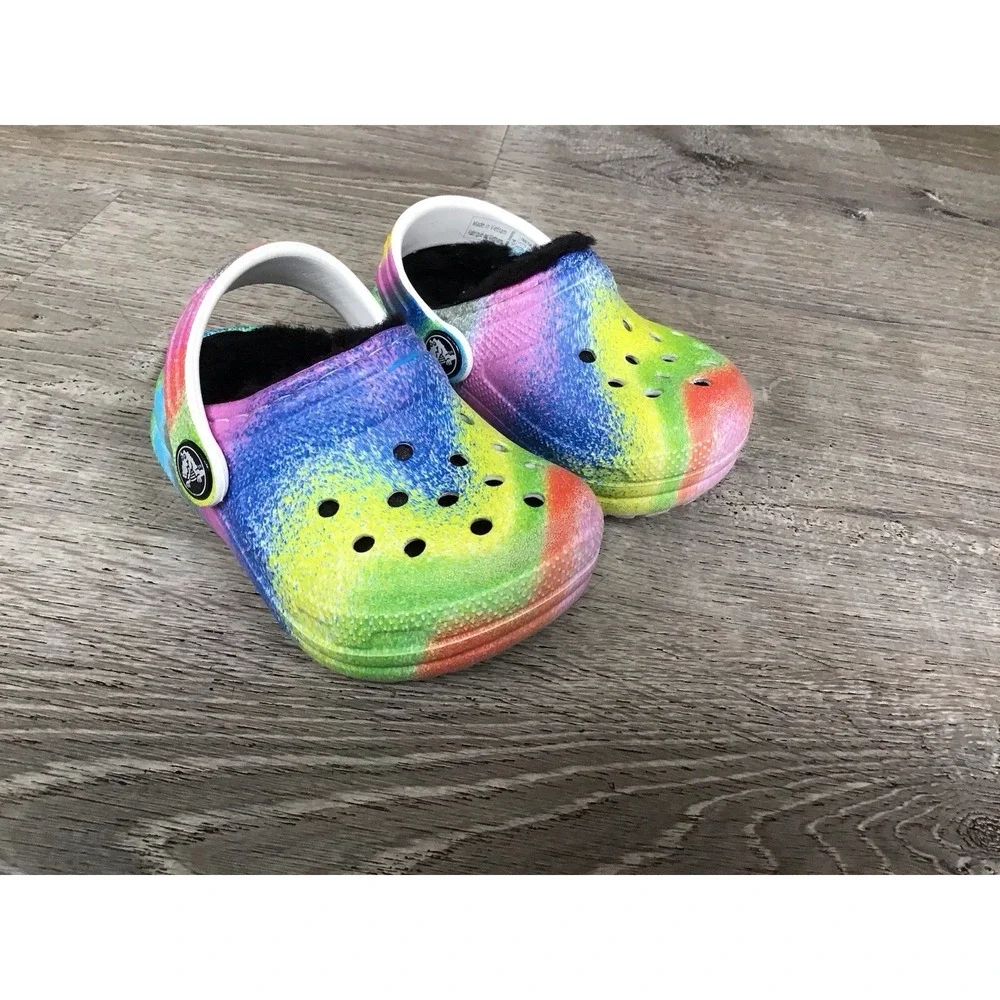 Crocs Baby Girls Size 4 C4 Rainbow Clogs Black Lined Shoes Slip On 208095